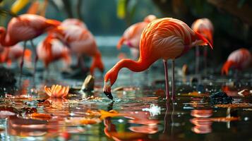 AI generated Flamingo birds hunting a fish at a pond is a captivating and dynamic scene photo