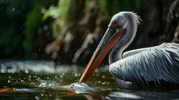 ai generado pelícano aves caza un pescado a un estanque es un fascinante y dinámica escena foto