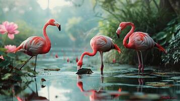 AI generated Flamingo birds hunting a fish at a pond is a captivating and dynamic scene photo