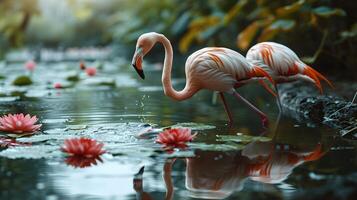 AI generated Flamingo birds hunting a fish at a pond is a captivating and dynamic scene photo