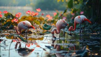 AI generated Flamingo birds hunting a fish at a pond is a captivating and dynamic scene photo