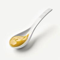 AI generated A sleek transparent ceramic spoon with a dollop of artisanal mustard isolated on a transparent background photo