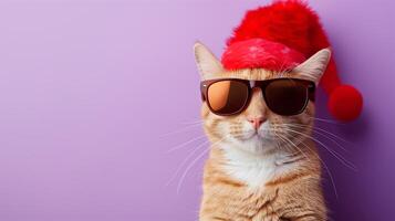 AI generated Ginger cat wearing the Christmas hat and sunglasses on the purple background, Christmas holiday party concept, photo