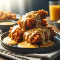 AI generated Crispy fried chicken nuggets with cheese sauce photo