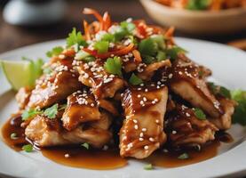 AI generated Teriyaki chicken with teriyaki sauce and sesame seeds photo