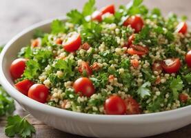 ai generado tabulé ensalada con cuscús, Tomates y perejil foto