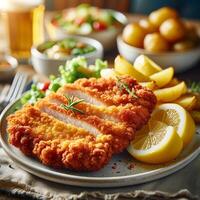 AI generated Breaded chicken schnitzel with lemon and potatoes photo