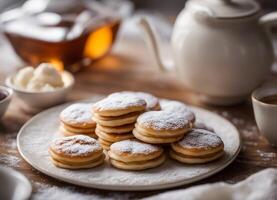 ai generado apilar de poffertjes un tradicional holandés tortita con azúcar polvo foto