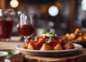 ai generado Español patatas patatas bravas con tomate y picante salsa foto