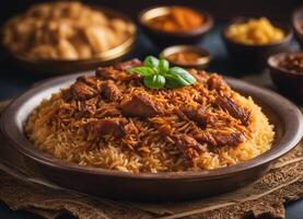 ai generado kabsa, aromático condimentado arroz con oferta carne y guarnaciones foto