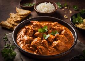 AI generated Butter chicken in clay bowl with rice and garnishes photo