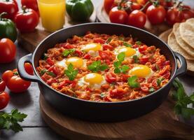 AI generated Menemen traditional Turkish dish. A dish of scrambled eggs with tomatoes, green peppers and herbs photo