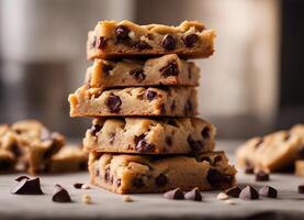 ai generado apilado chocolate chip rubias en un mármol superficie foto