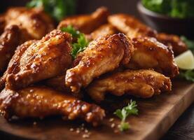 AI generated Fried chicken wings with sesame seeds and lemon on wooden board photo