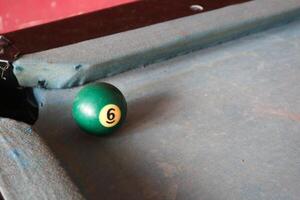 Billiards sports game. Multi-colored billiard balls with numbers on the pool table. Active recreation and entertainment. photo