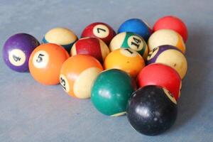 Billiards sports game. Multi-colored billiard balls with numbers on the pool table. Active recreation and entertainment. photo