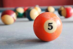 Billiards sports game. Multi-colored billiard balls with numbers on the pool table. Active recreation and entertainment. photo