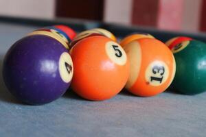 Billiards sports game. Multi-colored billiard balls with numbers on the pool table. Active recreation and entertainment. photo