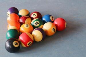 Billiards sports game. Multi-colored billiard balls with numbers on the pool table. Active recreation and entertainment. photo