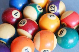 Billiards sports game. Multi-colored billiard balls with numbers on the pool table. Active recreation and entertainment. photo