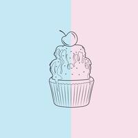 Cupcake Outline Cherry On Top With Melted Dripping Chocolate And Sprinkles Vector Illustration