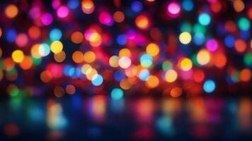 AI generated Colorful bokeh blurred background. Abstract rainbow colors lights in night. Festive horizontal banner template with copy space photo