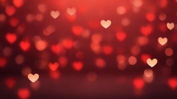 ai generado corazones bokeh ligero en borroso rojo antecedentes. festivo resumen romántico diseño. San Valentín día fondo, amor concepto foto