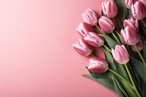 AI generated Pink tulips on pink background. Border of flowers with copy space for text. Greeting card for Mother's day, Women's day, Happy Easter, 8 March, Valentines Day photo