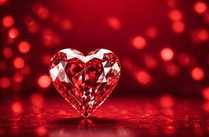 AI generated 3D heart shaped diamond on blurry red background with bokeh lights. Valentines greeting card with shiny glass heart. Lovely banner template with copy space photo