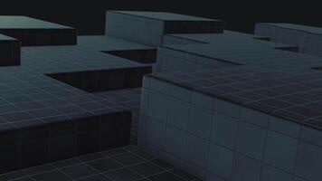 3D animation - Abstract background of black cubes with wave movement. Abstract surface of moving cubes. Dark randomly shifting surface of simple clean rounded cubes in step stairway array, darkened video