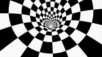 Animated hypnotic tunnel with white and black squares. Striped optical illusion three dimensional geometrical wormhole shape pattern motion graphics. Optical illusion created by zoom in of black and video
