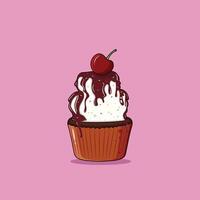 Creamy Cupcake Cherry On Top With Melted Dripping Chocolate And Sprinkles Vector Illustration