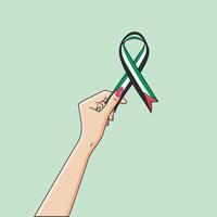 Female Hand Holding Palestine Wavy Awareness Ribbon Flag We Stand With Palestine Vector Illustration