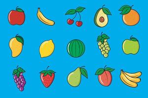 Vector Fruit Set Minimal Icon Cartoonist Style Fruits On Blue Background Vector Illustration