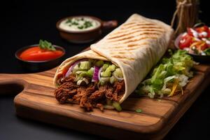 delicioso shawarma servido en un de madera tablero. foto