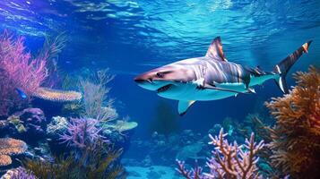 ai generado genial blanco tiburón en coral arrecife ecosistema foto