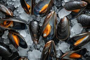 ai generado Fresco mejillones en hielo, Mariscos deleite foto