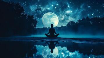 AI generated Moonlit Meditation, Serene Lake Silhouette photo