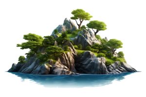 AI generated Mountain trees on beautiful sea islands and isolated stones on PNG background