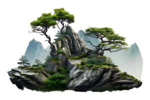 AI generated Mountain trees on beautiful sea islands and isolated stones on PNG background