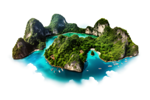 AI generated Mountain trees on beautiful sea islands and isolated stones on PNG background