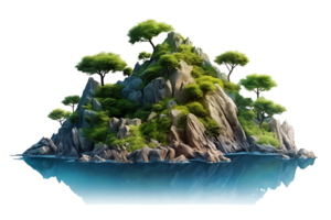 AI generated Mountain trees on beautiful sea islands and isolated stones on PNG background