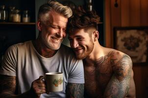 ai generado Pareja en amar, hombre bebidas café. lgbt foto