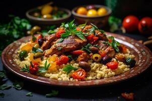 AI generated Couscous. Moroccan dish. Plate of Mediterranean couscous with vegetables. Dinner photo