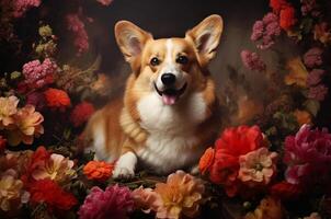 ai generado corgi en flores madre es día tarjeta. internacional mujer es día tarjeta foto