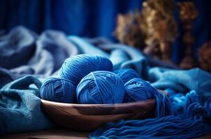 AI generated Blue yarn. Knitting. A ball of thread photo