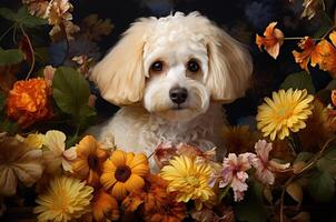 AI generated Maltipoo in flowers at night. Postcard for March 8 photo