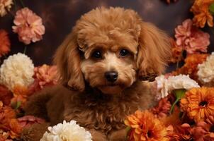 AI generated Brown multipoo posing in bright colors. Greeting card. Mothers Day. March 8 photo