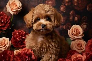 AI generated Beautiful brown multipoo puppy posing at a photo shoot with flowers. Postcard for March 8