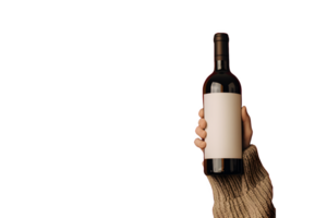 ai generiert ein Hand halten ein Flasche von Wein auf ein transparent Hintergrund png